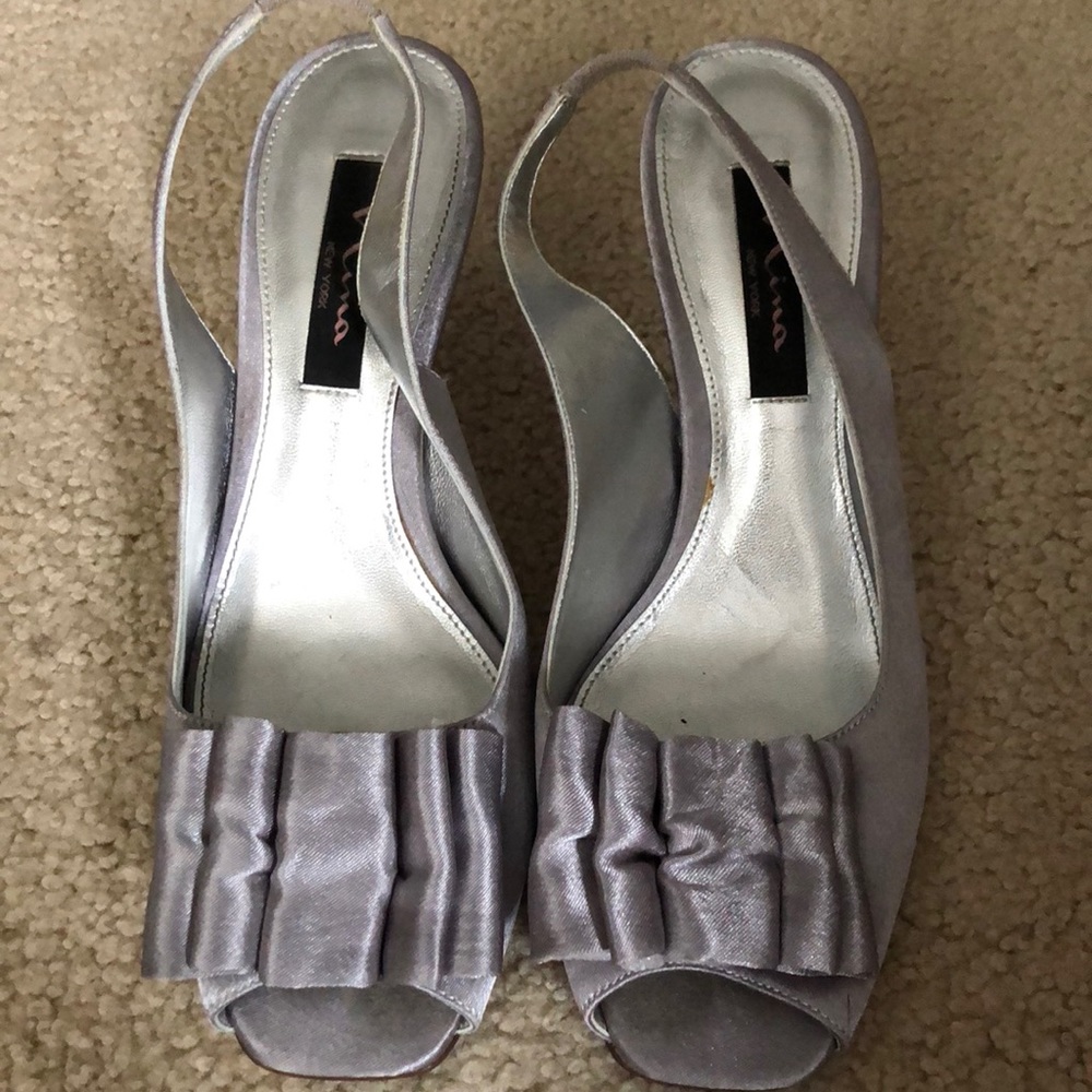 Silver satin kitten heel